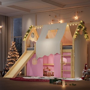 TIRAMISUBEST Twin/Full Size Kids Open House-Shaped Bed Frame with Tents, Loft Bed with Ladder, Slide & LED Lights - 1 of 4