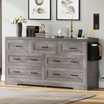 7 Drawers Dresser Chest of Drawers with Side Organizer Bag and Charging Station TV Stand for Parlor Gray