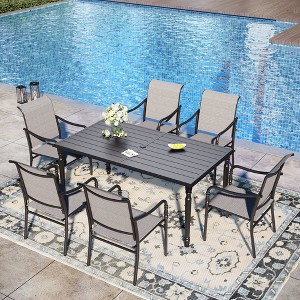 Captiva Designs 7 Pc Patio Outdoor Dining Set with Slat Tabletop Rectangular Table & Gray Textilene Fixed Chairs - 1 of 4