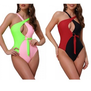INSPIRE CHIC Women's Criss Cross Color Block O Ring Side Tie Strappy Swimwear Monokini Suit 2 Sets - 1 of 4