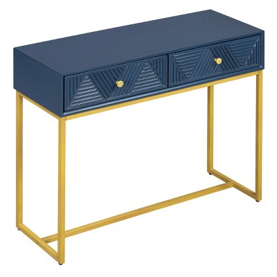 GlasFlength Console Tables Modern Narrow Entryway Table with Two Drawers and Metal Base Elegant for Living Room Hallway, Blue, 38"*14"*24.4"