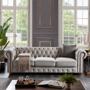 88.5" Linen Fabric Round Arm Chesterfield Sofa with Bronze Nailhead Trim - 1 of 4