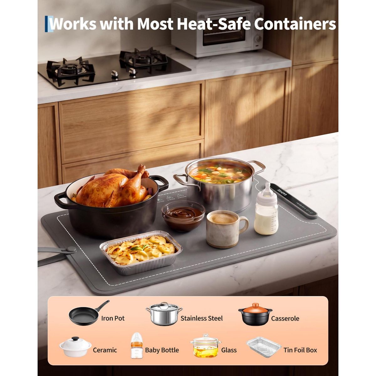 Garvee 24"x16" Electric Food Warming Mat, 3 Temps, 6H Timer, 250W, Child Lock, Auto Shut-Off – Rollable Silicone Warmer for Kitchen, Buffet, Parties - thumbnail 9