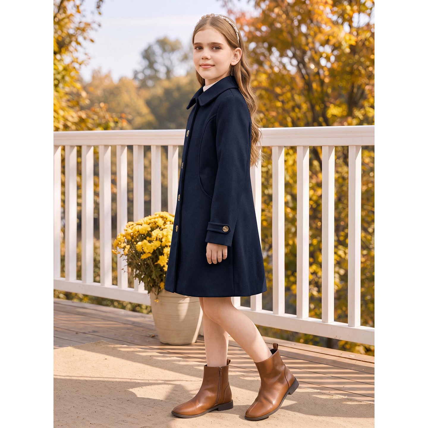 Куртка INSPIRE CHIC Lapel Single-Breasted Dress Coat Mid-Length Winter Outerwear 5-12 Years Small Dark Blue для девочек, цвет: Тёмный синий — фото 3