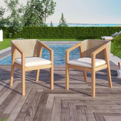 Acacia Wood Outdoor Dining Chairs Set of 2, Patio Dining Chair with Rope Backrest & Waterproof Cushion, Gardenm,Balcony, Terrace-Tanpinhause