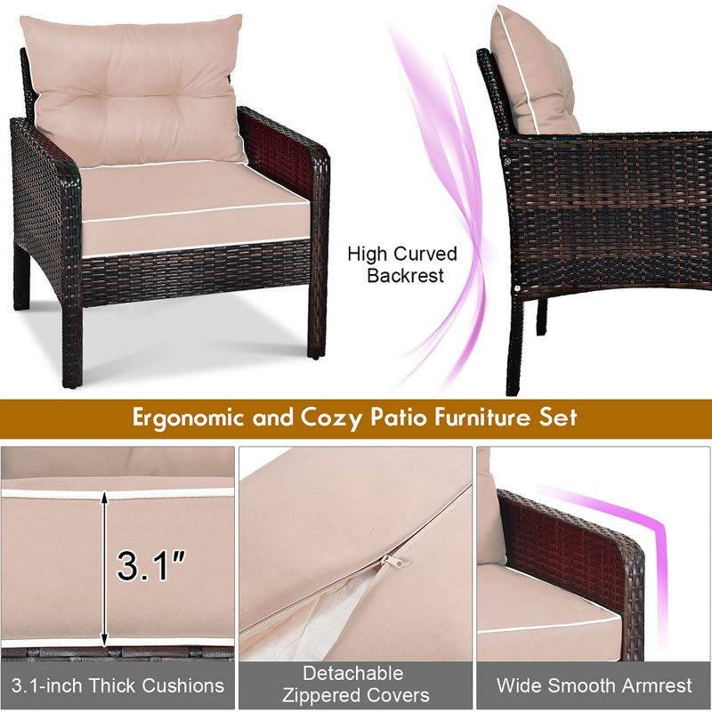 Costway 5 PCS Rattan Wicker Furniture Set Sofa Ottoman W/Brown Cushion Patio Garden Yard, 2 of 11