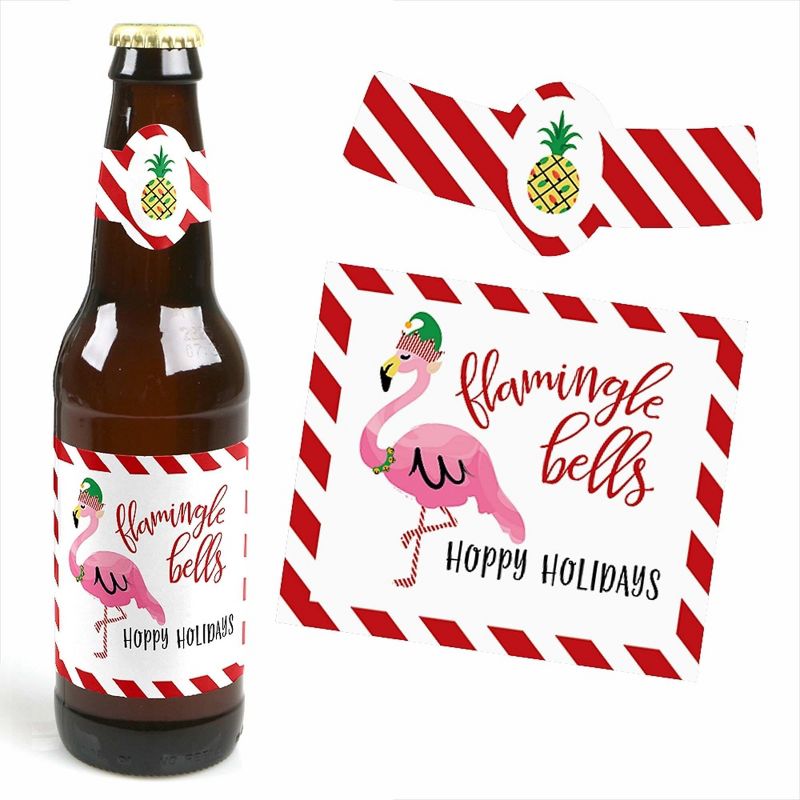 Big Dot of Happiness Flamingle Bells - Tropical Flamingo Christmas Party Decorations for Women and Men - 6 Beer Bottle Label Stickers and 1 Carrier, 4 of 6