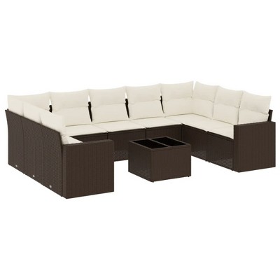 vidaXL 10 Piece Patio Sofa Set with Cushions - Brown and Cream With Table