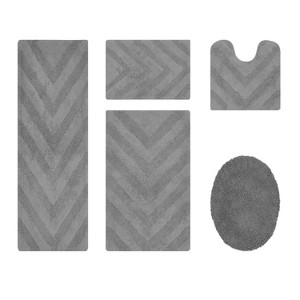 Hugo 5-Piece Bath Rug Set 100% Premium Cotton Tufted Chevron Pattern Bathmats for Bathroom, Super Soft Absorbent Machine Washable - 1 of 4