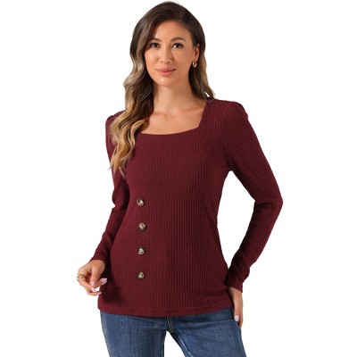 Allegra K Women's Casual Long Sleeve Button Decor Square Neck Sweater Top