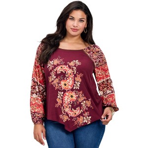 Avenue Women's Plus Size Nichola Scarf Print Top - 1 of 4