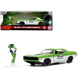1973 Plymouth Barracuda Green Metallic and White & She-Hulk Diecast Figure "The Savage She-Hulk" 1/32 Diecast Model Car by Jada - 1 of 4