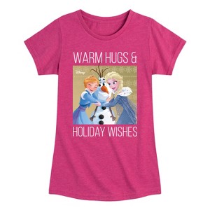 Girls' - Frozen 2 - Elsa Anna and Olaf Warm Hugs Holiday Wishes Fitted Short Sleeve Graphic T-Shirt - 1 of 4