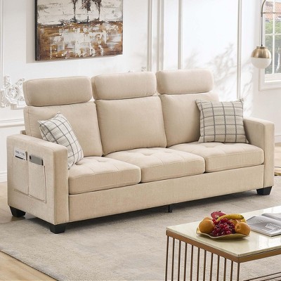 3 Seat Sofa Couch, 89'' Chenille Fabric Upholstered Sofa with Wide Armrest and Removable Headrest, Comfy Couches with Side Storage Pockets