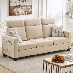 3 Seat Sofa Couch, 89'' Chenille Fabric Upholstered Sofa with Wide Armrest and Removable Headrest, Comfy Couches with Side Storage Pockets - 1 of 4
