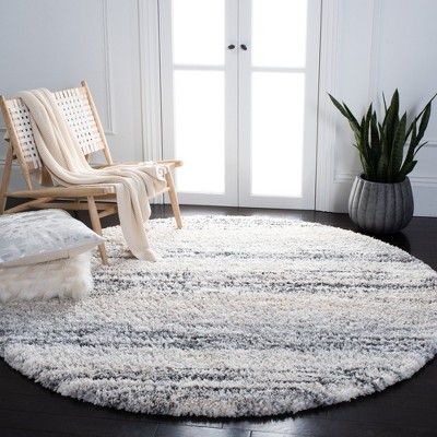 Ivory and Gray Round Synthetic Shag Rug, 3' Diameter