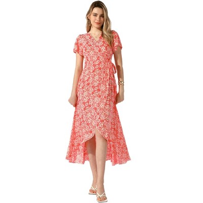 Allegra K Women's Boho Floral Cross V Neck Flutter Sleeve Summer Beach Wrap Dress
