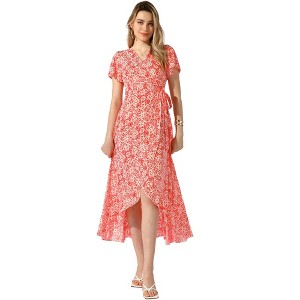 Allegra K Women's Boho Floral Cross V Neck Flutter Sleeve Summer Beach Wrap Dress - 1 of 4
