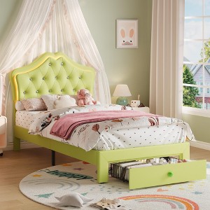 Twin Size Headboard Bed Frame with Storage Drawer, Upholstered Platform with Lights, Noise Free for Kids, Teens - 1 of 4