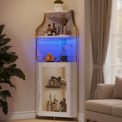 Corner Bar Cabinet, 61" Tall Farmhouse Wine Cabinet with Detachable Wine Rack, 5-Tier Industrial Wine Cabinet with Glass Holder & Adjustable Shelves