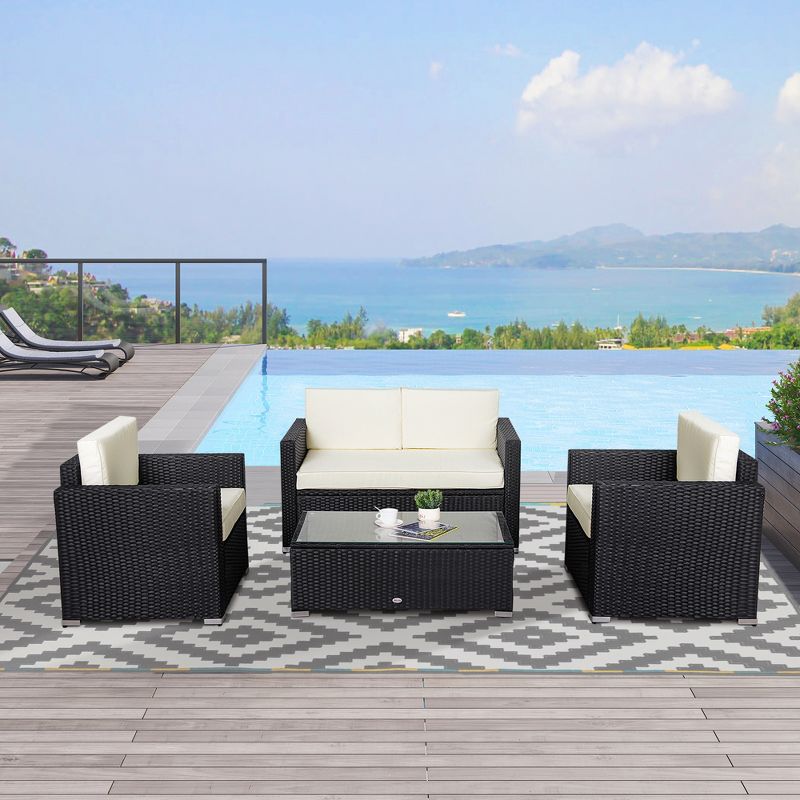 Outsunny 4-Piece Rattan Wicker Furniture Set, Outdoor Cushioned Conversation Furniture with 2 Chairs, Loveseat, and Glass Coffee Table, 3 of 12