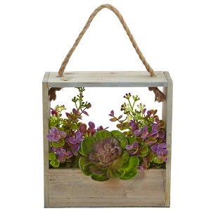 Nearly Natural 12.5-in Echeveria Succulent & Eucalyptus in Hanging Frame - 1 of 1