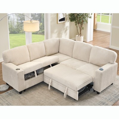 AZL1 Life Concept Sofas L-Shaped Sectional Sofa Bed with Pull-Out Storage, 5-Seat, Living Room, Apartment, Corduroy Fabric, White, 81"*81"*33"