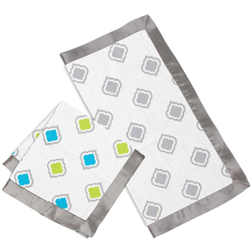 Bacati - Moroccan Tiles Aqua/Lime/Gray Muslin 2 pc Security Blankets, 1 of 10