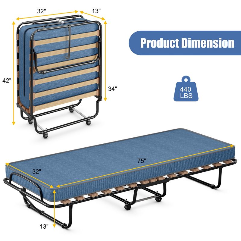 Costway Portable Folding Bed with Mattress Rollaway Cot Made In Italy Navy\Beige, 3 of 11