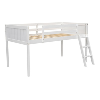Bellemave Twin Size Wood Low Loft Bed with Ladder, ladder can be placed on the left or right,White