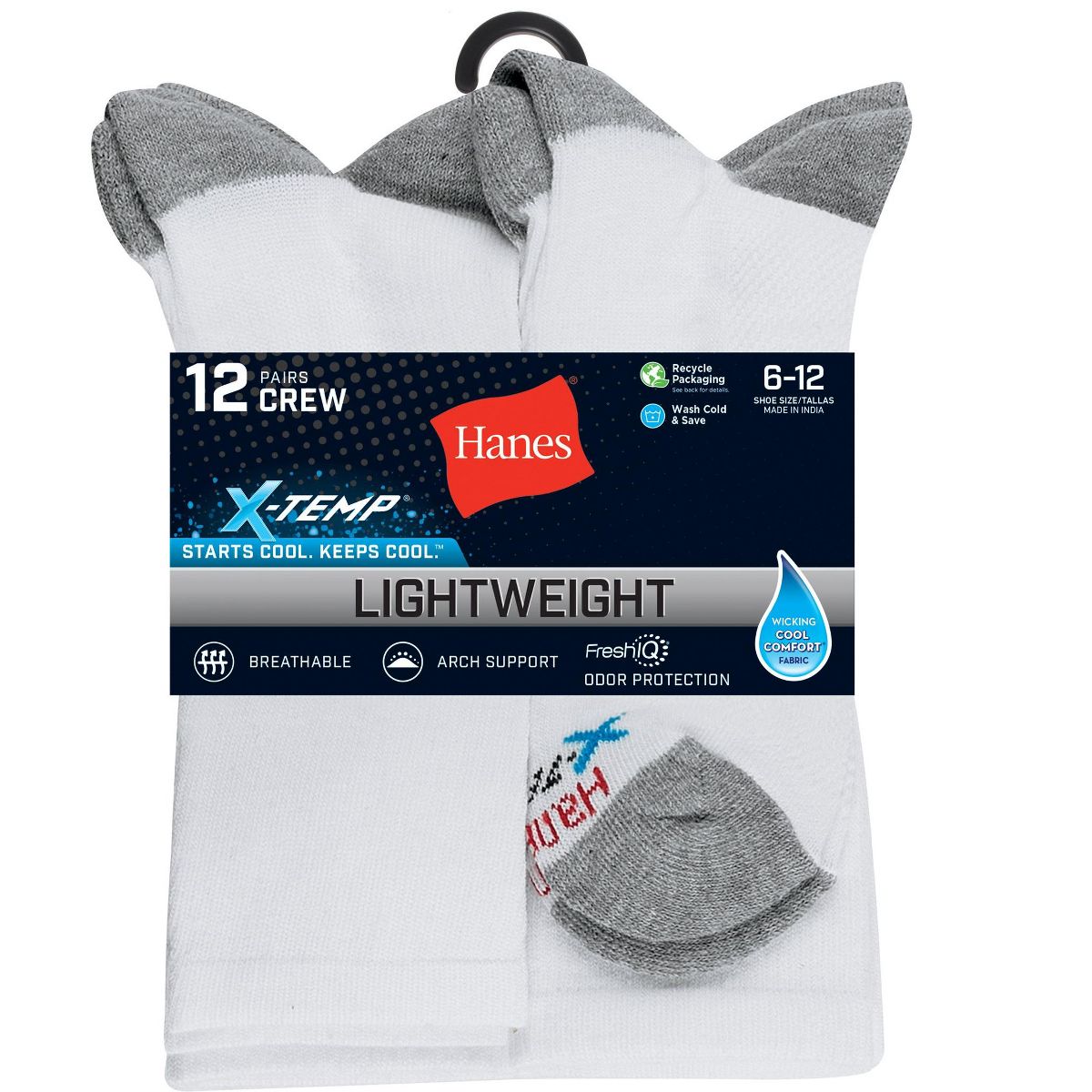 Hanes X-Temp Men's Lightweight Crew Socks, Shoe Sizes 6-12, 12-Pairs - thumbnail 8