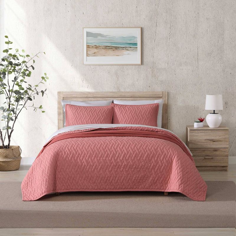 Tommy Bahama 3pc Full/Queen Maritime Heather Cotton Quilt Set Pink Coral, 1 of 11
