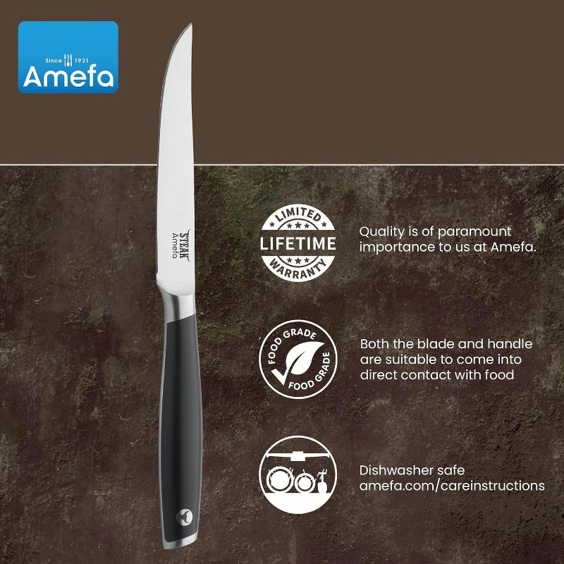 Amefa Tenderloin Steak Knives, Set Of 6, Premium High Carbon MOV Stainless Steel, Ergonomic Handle Design, Straight Edge 5 Inch Blade Steak Knife, 5 of 8