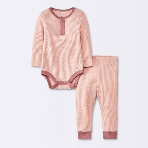 Baby Girls' 2pc Waffle Bodysuit & Pants Set - Cloud Island™ Pink - image 1 of 4