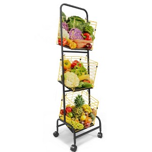Fortune Candy 3-Tier Metal Rolling Storage Basket Cart, Black Gold Utility Organizer with Wheels for Books, Toys, Food, Vegetables, and More - 1 of 4