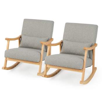 Costway Set of 2 Rocking Chairs with Pillow Rocking Armchairs with Rubber Wood Frame Grey