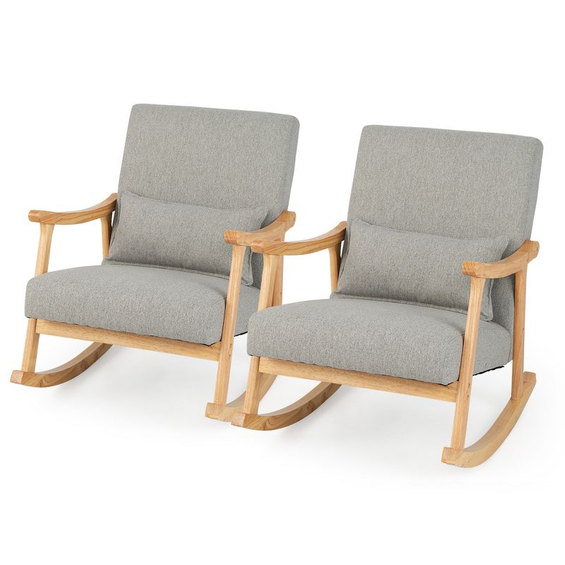 Costway Set of 2 Rocking Chairs with Pillow Rocking Armchairs with Rubber Wood Frame Grey, 1 of 11
