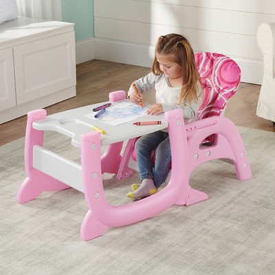Pink and White Reclining Convertible Baby High Chair with Play Table