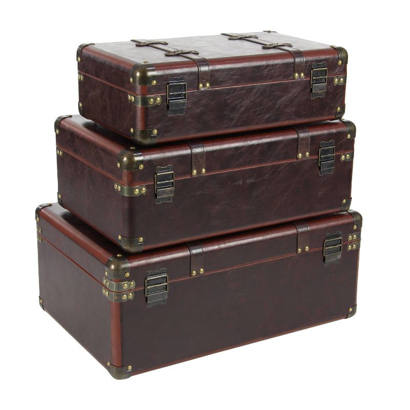 Set of 3 Vintage Real Leather and Wood Trunks Brown - Olivia &#38; May, 5 of 33