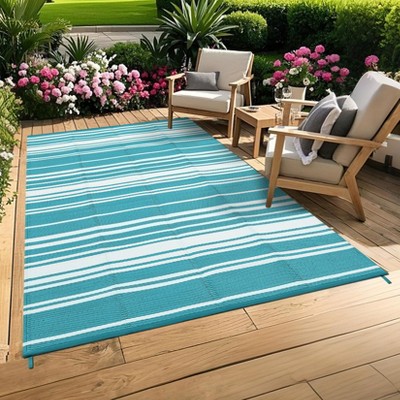 Reversible Outdoor Patio Rug - Waterproof Plastic Straw Mat, Striped Camping Rug for Front Porch, Deck, Backyard, RV, Picnic, Beach