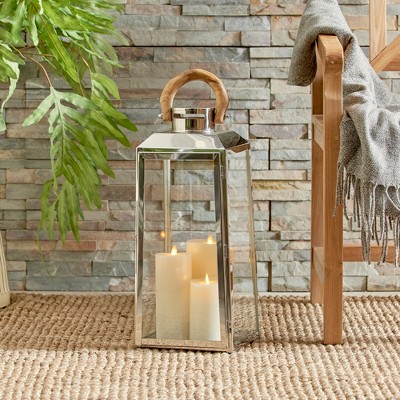 Chrome and Teak Outdoor Hanging Candle Lantern