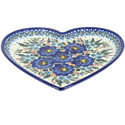 Blue Rose Polish Pottery Garden of Blue Large Heart Plate