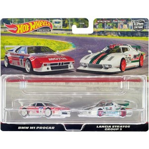 BMW M1 Procar #8 White w/Red Stripes & Lancia Stratos Group 5 #829 White w/Stripes Set of 2 Diecast Model Cars by Hot Wheels - 1 of 3