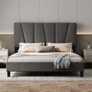 Full Size Bed Frame with Adjustable Headboard, Linen Upholstered Twin Platform Bedframe with Strong Wooden Slats, No Box Spring Needed - 1 of 4