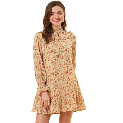INSPIRE CHIC Women's Floral Dress Loose Chiffon Ruffle Self Tie Neck Shift Dresses