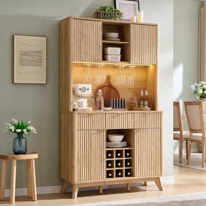 SinCiDo Modern 72" Tall Storage Hutch Wine Bar Cabinet, Fluted Coffee Bar w/LED Lights, 10 Tier Storage Shelf & 9 Grid Wine Glass Rack - 1 of 4