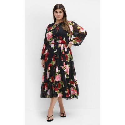 Women's Plus Size Roma Print Long Sleeve Dress - black | CITY CHIC
