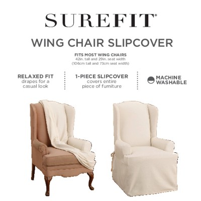 Tan Cotton Duck Wingback Chair Slipcover with Elastic Closure
