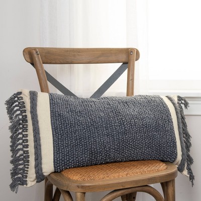 Gray Textured Cotton Lumbar Pillow with Macramé Fringe