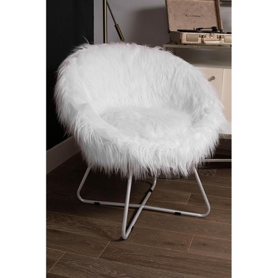 White Faux Fur Papasan Chair with Silver Metal Legs